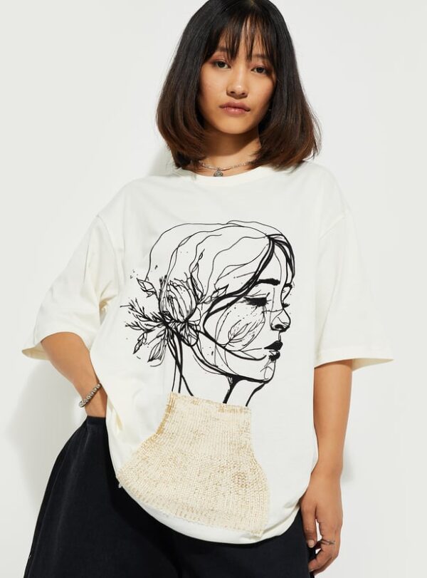 Artistic Line Art Oversized T-Shirt – Ecru Beige - Image 2