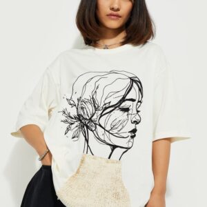 Artistic Line Art Oversized T-Shirt – Ecru Beige